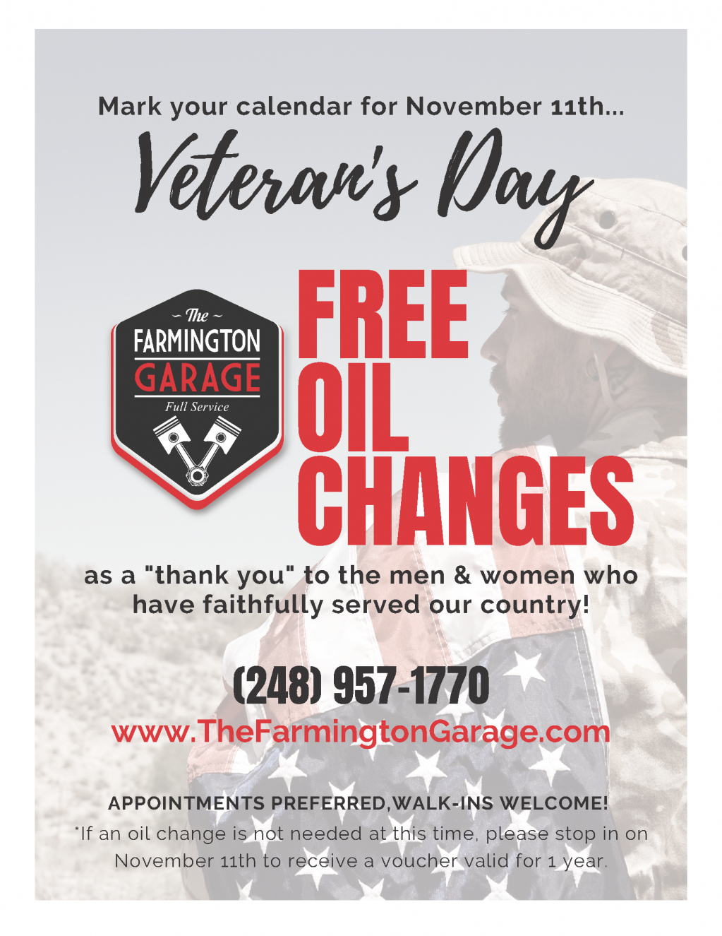 Farmington Garage - Veterans Day Free Oil Change