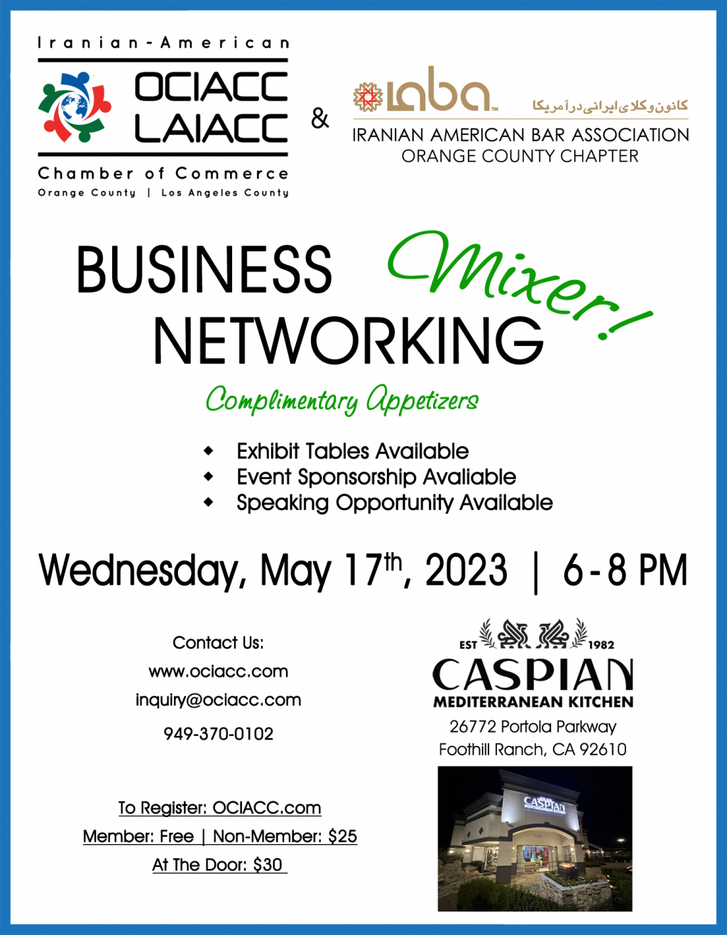 Business Networking Mixer, OCIACC & IABA, CASPIAN Mediterranean Kitchen,  05-17-23, 6-8 PM