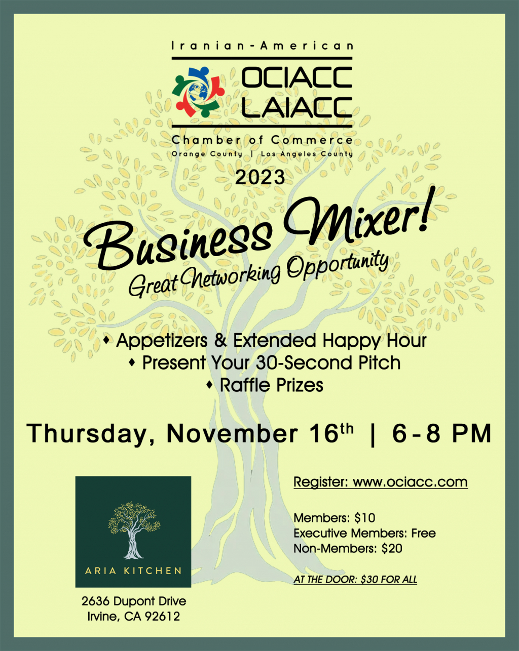 Business Networking & Mixer, Aria Kitchen , Irvine, Thursday 11-16-23, 6-8  PM