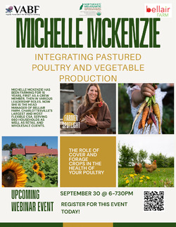Image for VABF WEBINAR WITH MICHELLE MCKENZIE - Integrating Pastured Poultry & Vegetable ProductionREGISTER TODAY FOR THIS WEBINAR!