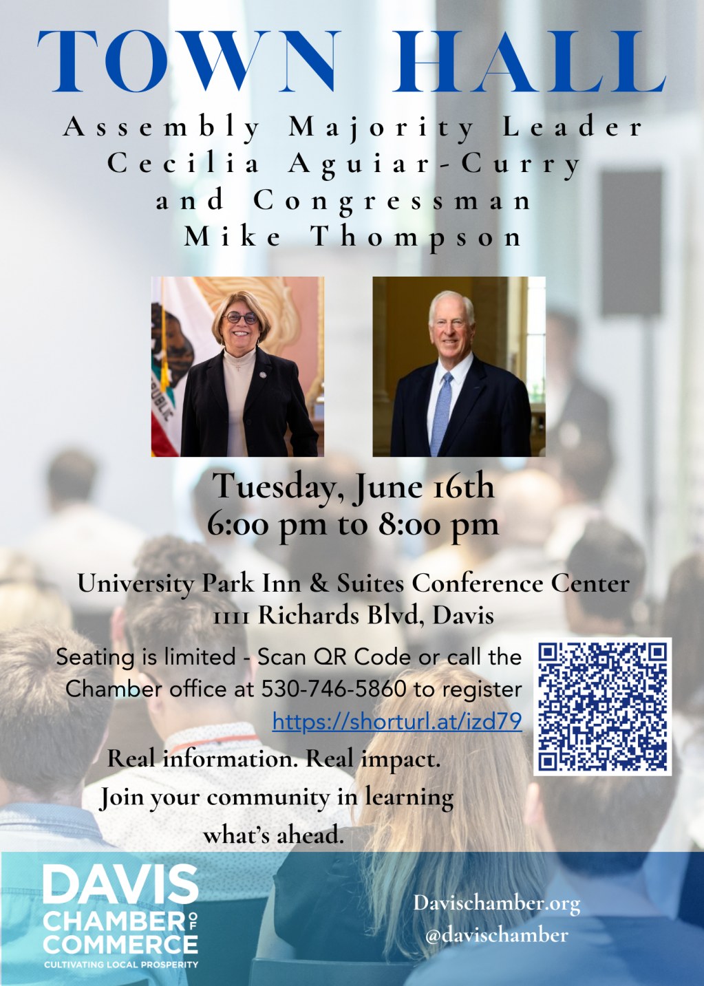 Flyer for Town Hall with Assembly Majority Leader Cecelia Aguiar-Curry and Congressman Mike Thompson